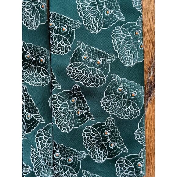 Vintage 70s Green Owl Tie Groovy Hipster Indie Alternative Collegiate Professor - Picture 6 of 7
